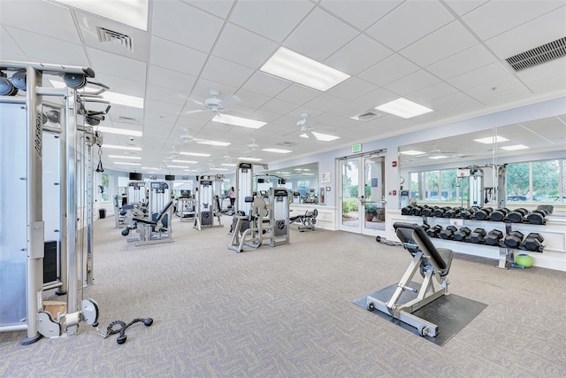 exercise room with a healthy amount of sunlight, carpet floors, and visible vents