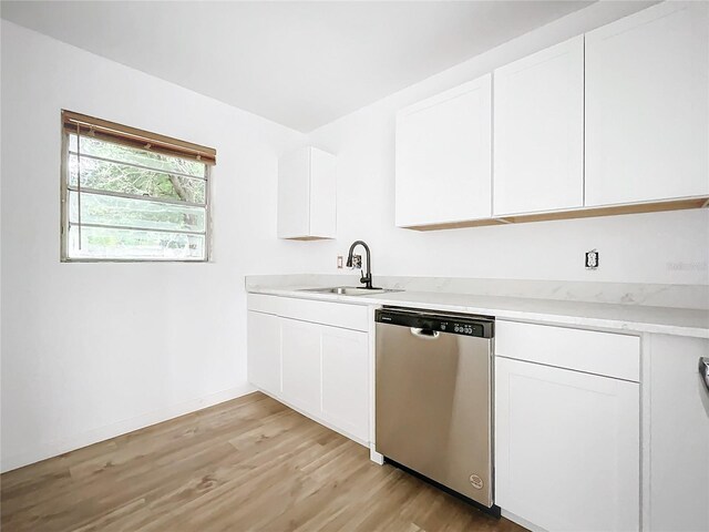 kitchen featuring white cabinets, dishwasher, and sink