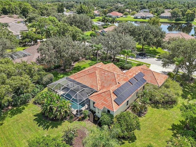 bird's eye view with a water view