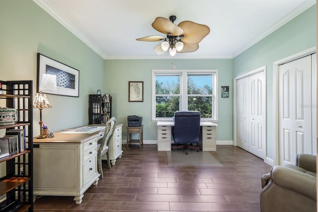 office with ceiling fan and crown molding