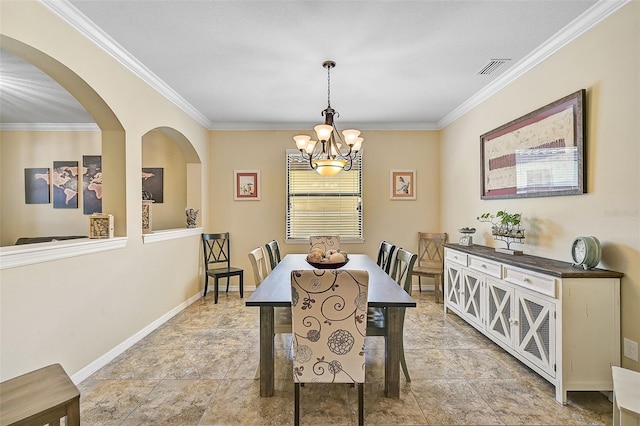 dining space with an inviting chandelier, visible vents, baseboards, and ornamental molding