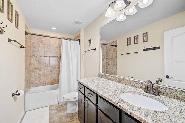 bathroom featuring vanity, shower / bath combination with curtain, toilet, and visible vents