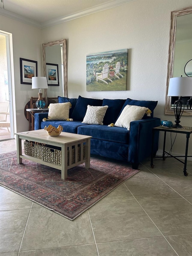 tiled living room with crown molding