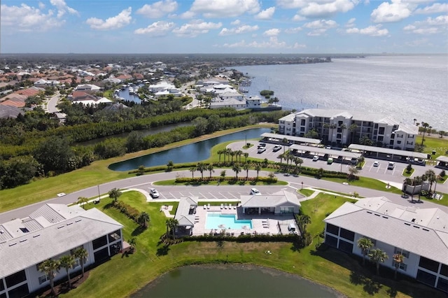 aerial view featuring a water view