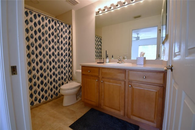 bathroom with ceiling fan, toilet, and vanity