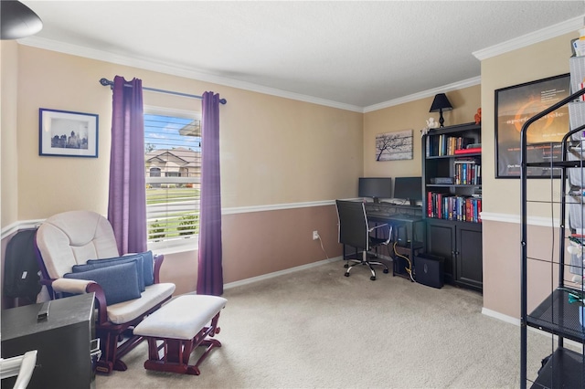 office area featuring ornamental molding and light colored carpet