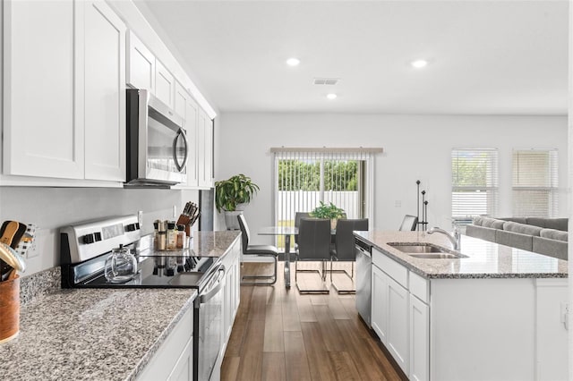 kitchen featuring stainless steel appliances, dark wood finished floors, a sink, and plenty of natural light