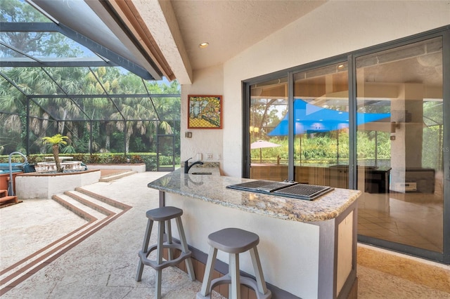 view of patio / terrace with glass enclosure and exterior bar