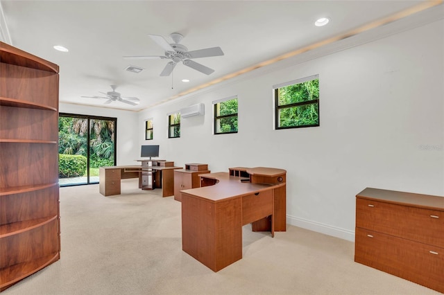 carpeted office with a wall unit AC, ceiling fan, and crown molding