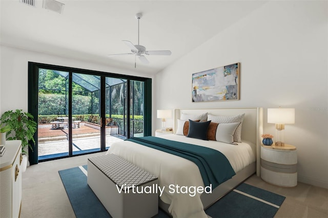 carpeted bedroom featuring access to exterior, ceiling fan, and vaulted ceiling