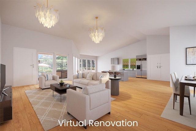 living room with lofted ceiling, a chandelier, and light hardwood / wood-style flooring