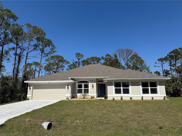 ranch-style house featuring stucco siding, a front lawn, roof with shingles, concrete driveway, and a garage