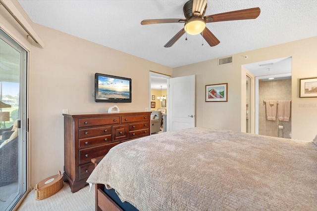 bedroom featuring a textured ceiling, ceiling fan, light carpet, visible vents, and access to outside