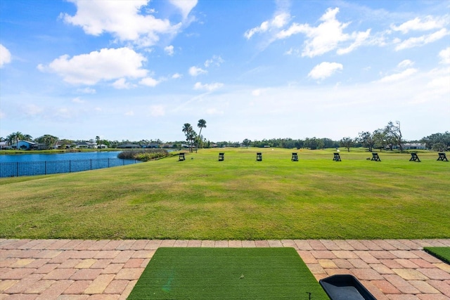 surrounding community featuring a lawn and a water view