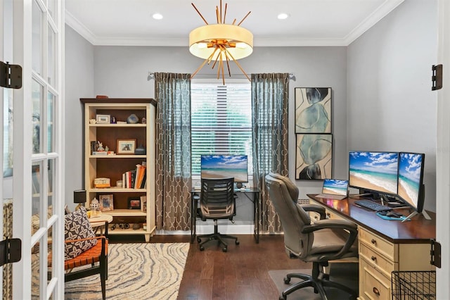 office space featuring dark wood-type flooring, ornamental molding, and a chandelier