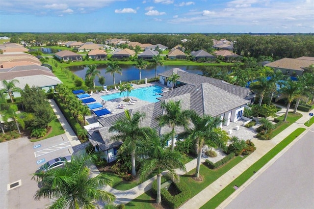 drone / aerial view with a water view