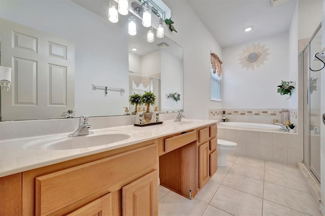 full bathroom featuring toilet, tile patterned flooring, independent shower and bath, and vanity