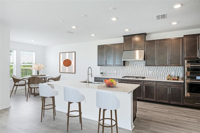 kitchen with visible vents, decorative backsplash, stainless steel appliances, under cabinet range hood, and a sink