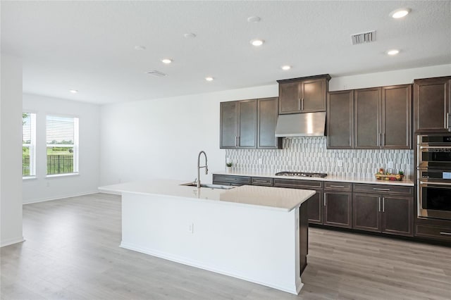 kitchen with stainless steel appliances, tasteful backsplash, visible vents, a sink, and under cabinet range hood