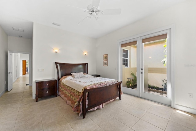 bedroom featuring ceiling fan, access to exterior, and light tile patterned floors