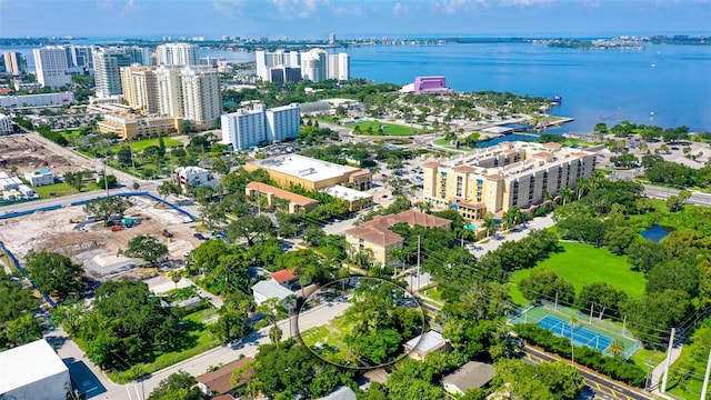 drone / aerial view with a water view