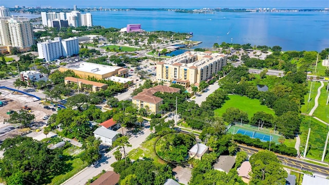 aerial view featuring a water view