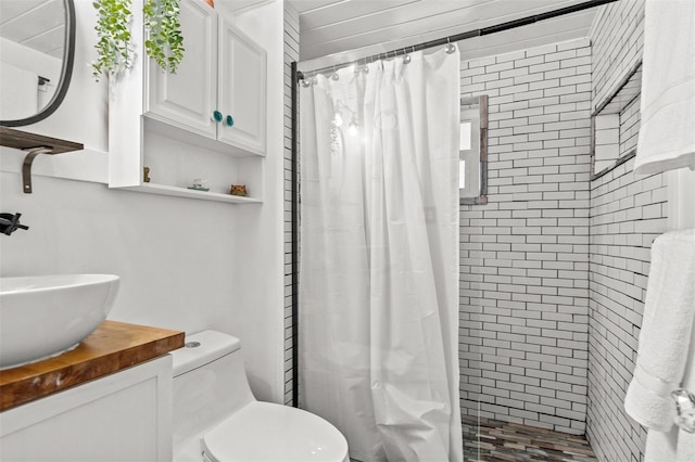 bathroom with vanity, toilet, and a shower with shower curtain