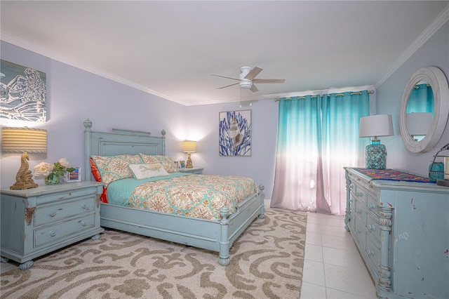 bedroom featuring ceiling fan, light tile patterned floors, and crown molding