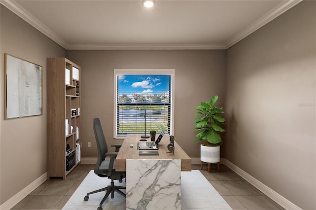 office featuring ornamental molding and light tile patterned floors