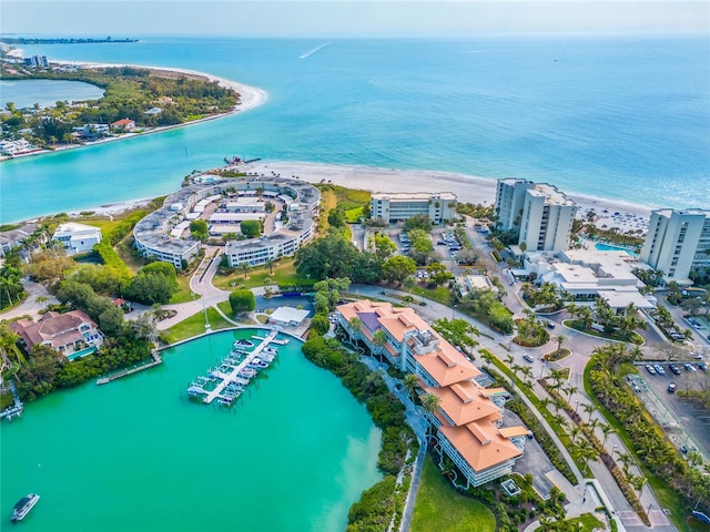 bird's eye view with a view of the beach and a water view