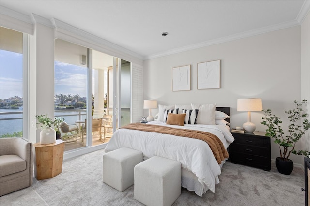 bedroom featuring a water view, light colored carpet, and ornamental molding