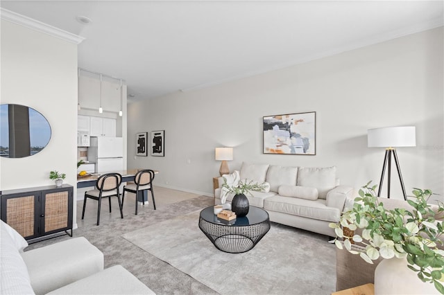 living room featuring light colored carpet and crown molding