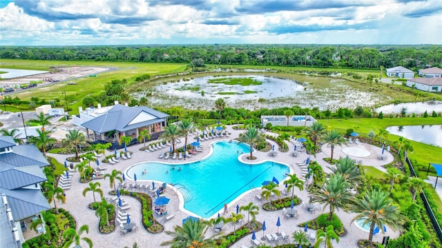 bird's eye view with a water view