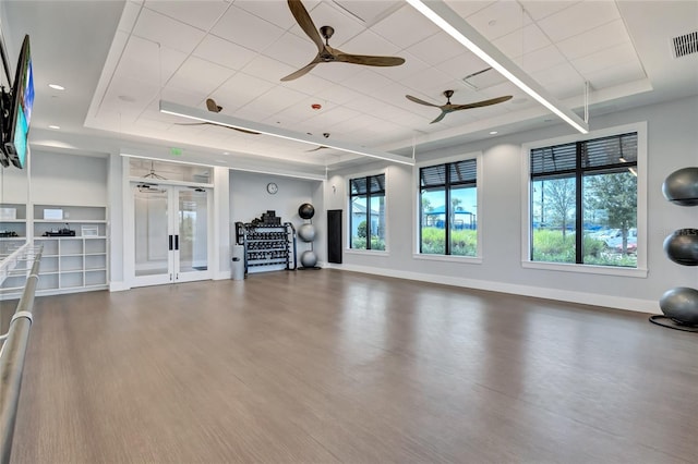 exercise area with a raised ceiling, ceiling fan, and hardwood / wood-style floors