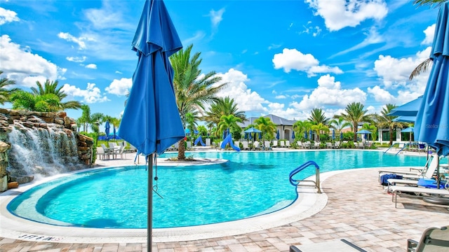 view of pool with pool water feature and a patio area