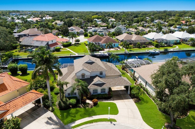 drone / aerial view with a water view