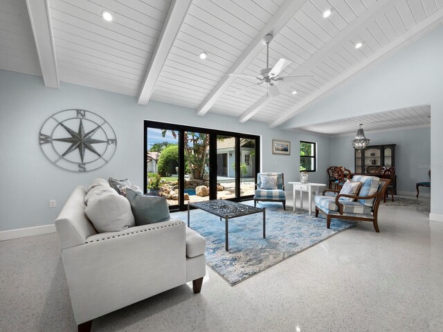 living room featuring high vaulted ceiling, ceiling fan, beamed ceiling, and french doors