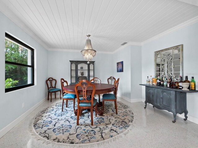 dining area featuring wood ceiling, a chandelier, and ornamental molding