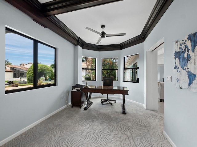 office with crown molding, carpet flooring, and ceiling fan