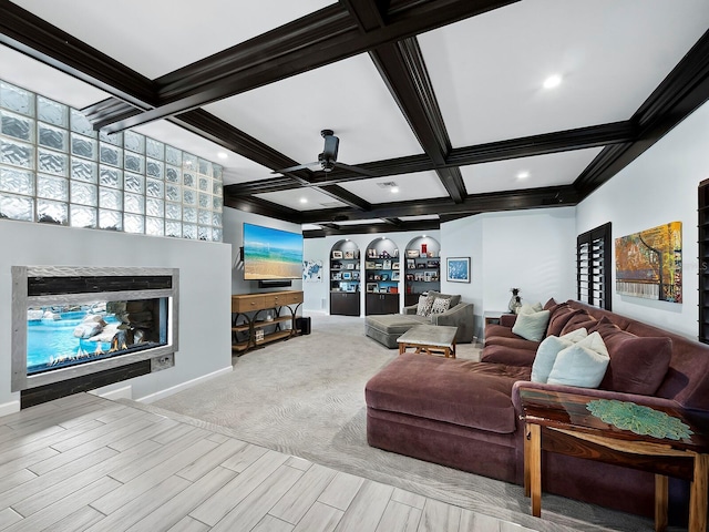 1400 Quail Dr, Sarasota, FL 34231 - living room featuring baseboards, coffered ceiling, ceiling fan, beamed ceiling, and a fireplace