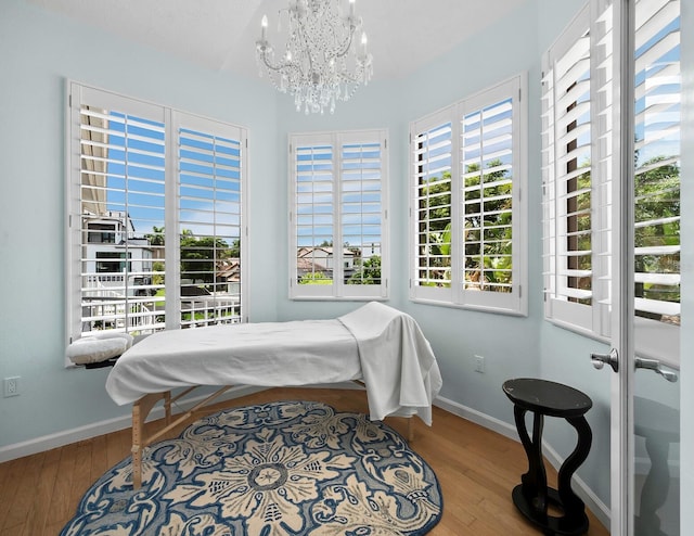 bedroom with wood-type flooring and a chandelier