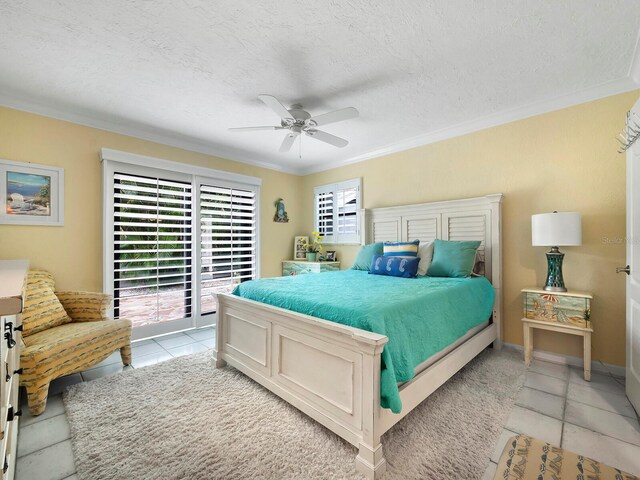 bedroom with crown molding, access to outside, light tile patterned flooring, ceiling fan, and a textured ceiling