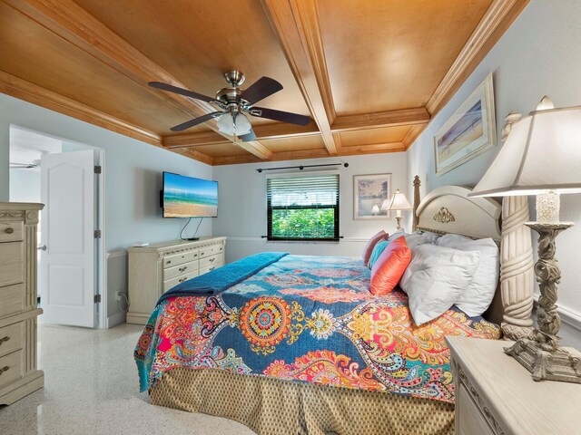 bedroom with crown molding, coffered ceiling, beamed ceiling, and ceiling fan