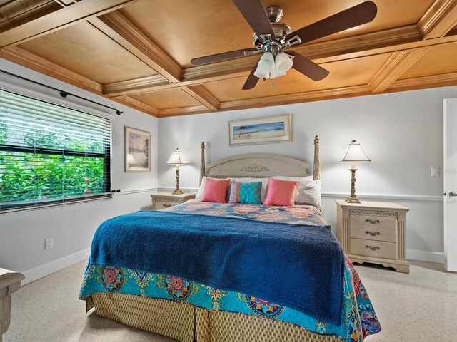 bedroom featuring coffered ceiling, ceiling fan, beamed ceiling, and carpet floors