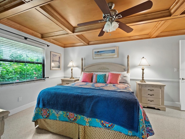 1400 Quail Dr, Sarasota, FL 34231 - bedroom featuring ceiling fan, coffered ceiling, baseboards, ornamental molding, and beamed ceiling