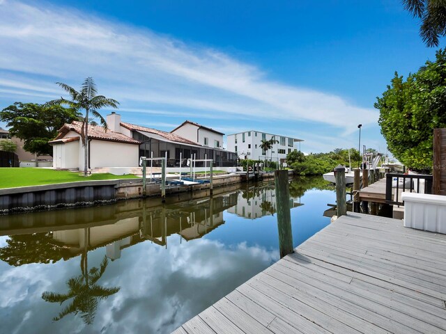 view of dock with glass enclosure and a water view