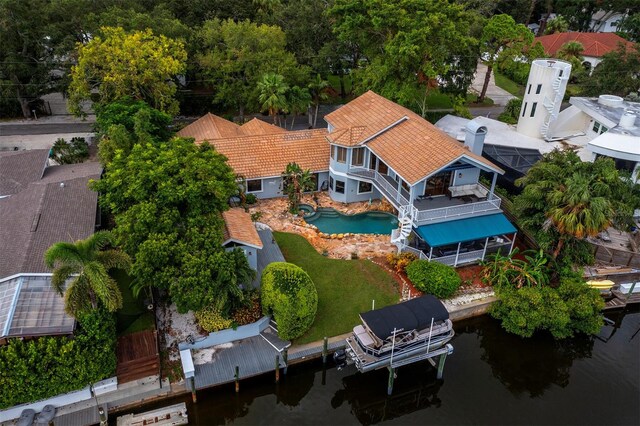 bird's eye view with a water view