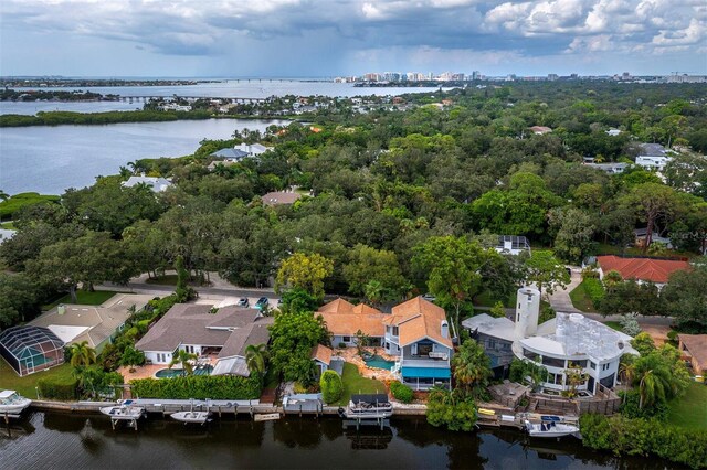 aerial view featuring a water view