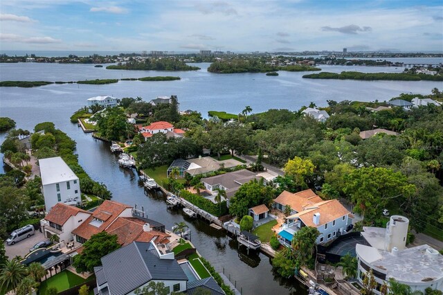 aerial view featuring a water view