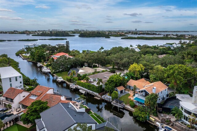 aerial view featuring a water view